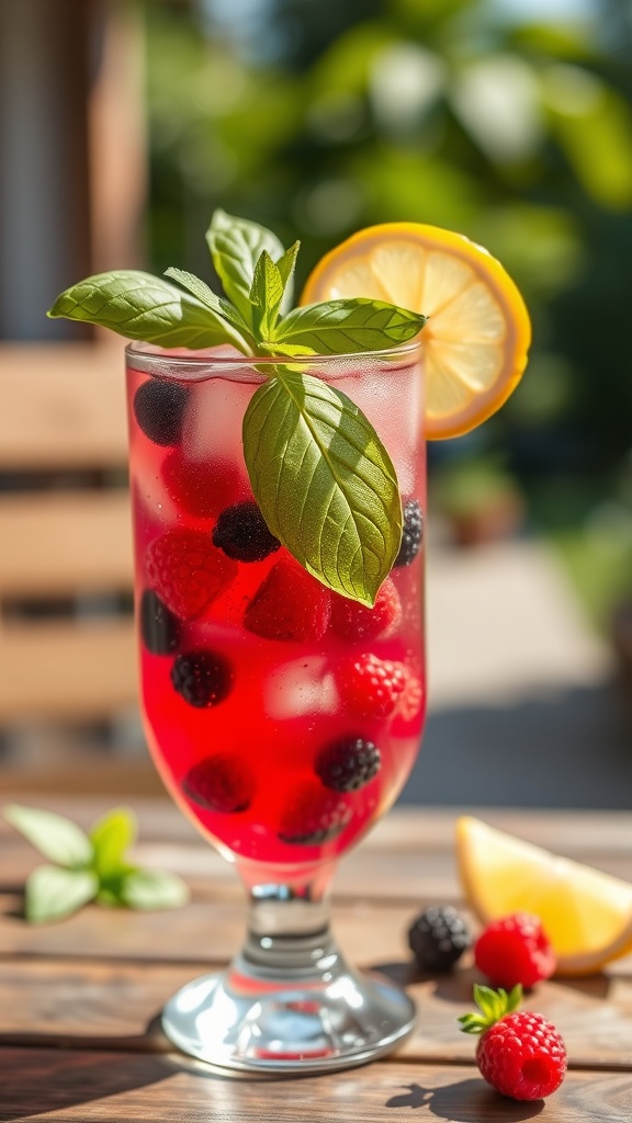 A colorful berry basil vodka smash cocktail garnished with basil and lemon, in a sunny outdoor setting.